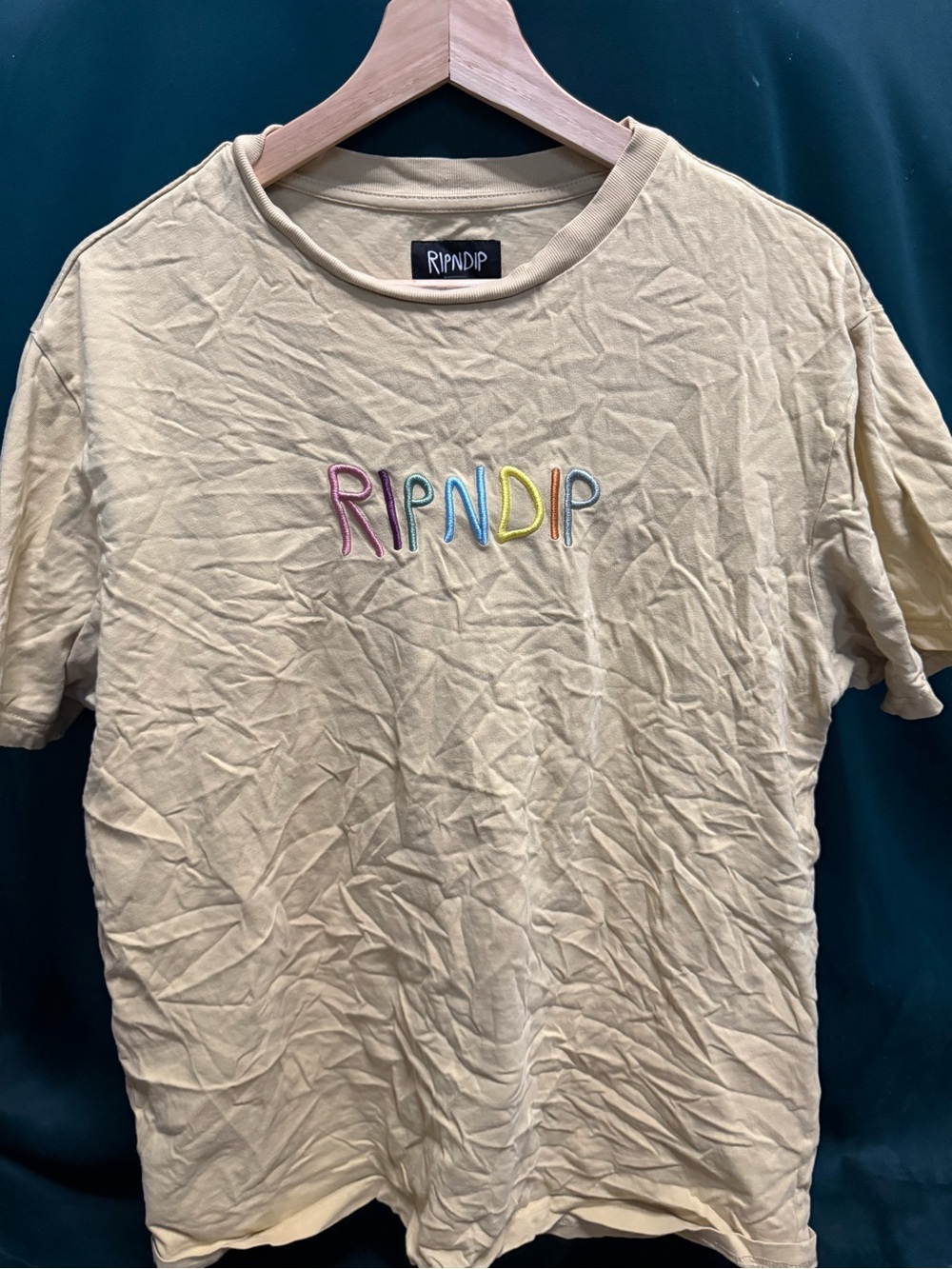 Ripndip Pale Yellow Short Sleeve Tee with Multicolor Embroidered Logo